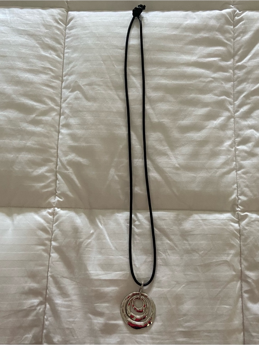 Silver Tone Hammered Concentric Circle Pendant Necklace on Black Cord Statement